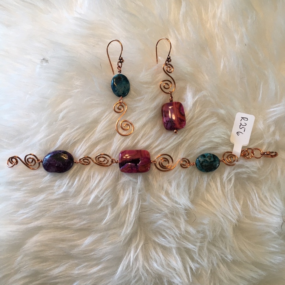 Handmade Copper and Stone Bracelet and Earrings Set
